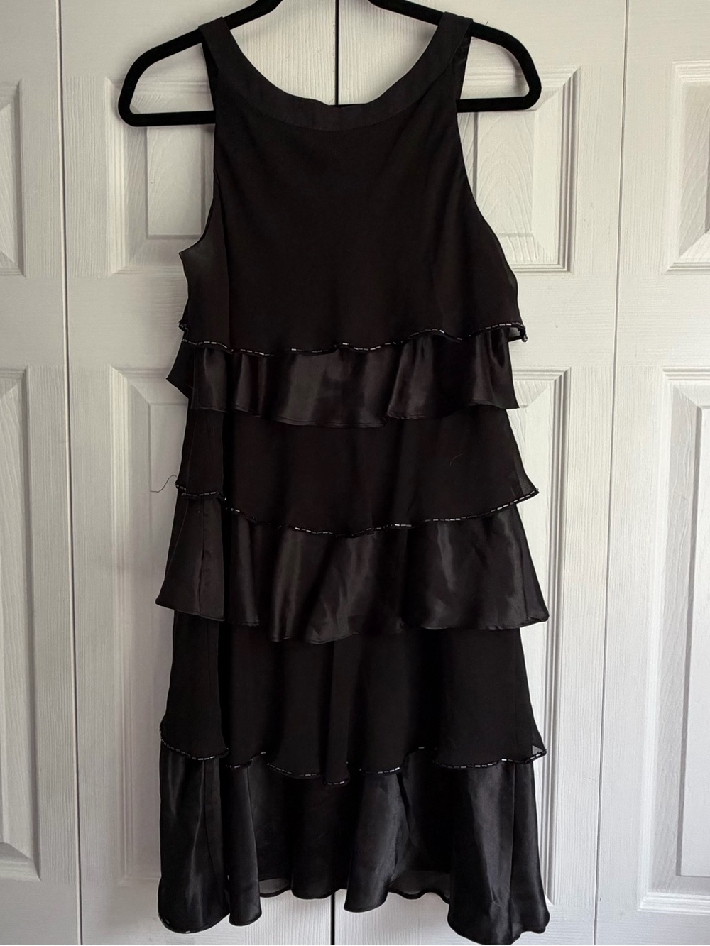 SL Fashions Black Layered Ruffle Mini Dress with Beaded Trim - Picture 2 of 5